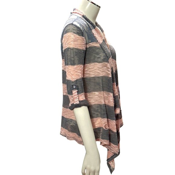 CCC Striped Lace Back Open Cardigan Roll Up Sleeves Waterfall Hem Size Medium - Picture 4 of 7